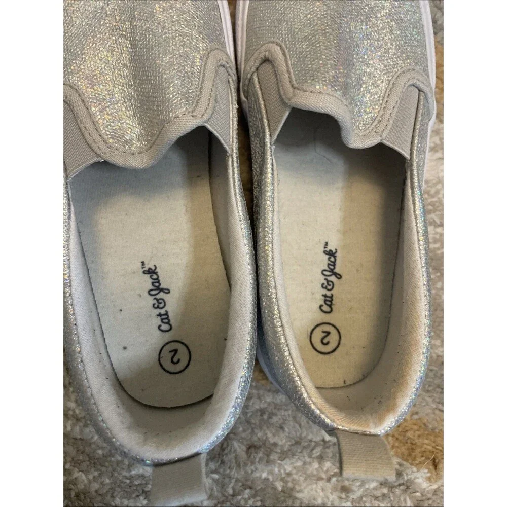 Cat & Jack Girls Gray/Silver Sparkles Slip On Sneakers Shoes Sz 2
